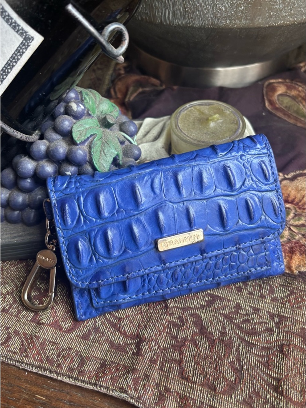 Authentic Brahmin Cobalt Croc-Embossed Leather snap flap Card Case w keychain - Picture 1 of 8